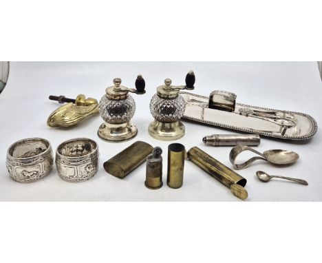 A mixed lot of silver plated and brass items, to include; A pair of cut glass and white metal mounted pepper grinders, togeth