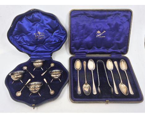 An eight piece silver salt set by Mappin &amp; Webb Ltd, Sheffield 1906, comprising four silver circular salts, each raised u