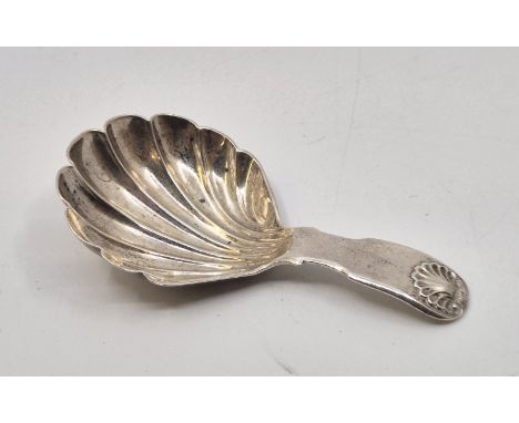 A Victorian silver fiddle and shell pattern caddy spoon, by David Reid, Newcastle 1857, with scallop form bowl, length 8.1cm.