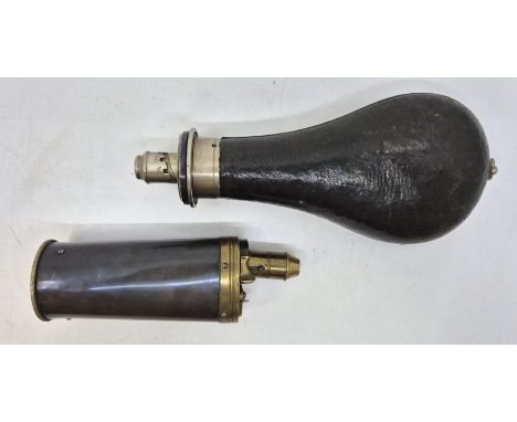 A G. &amp; J.W Hawksley leather covered nickel mounted powder flask, with dram measure nozzle,&nbsp;length 20.5cm, together w