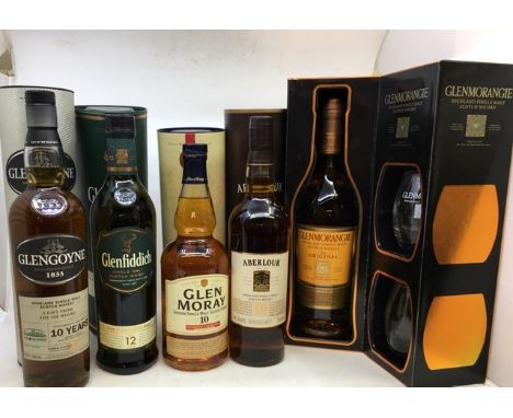 Whisky. 5x various bottles of Scotch single malt. Note seals broken on Glen Moray and Glenfiddich 