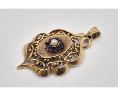 A precious yellow metal, blue enamel and pearl pendant,&nbsp;the dished textured oval centre set single pearl surrounded by b