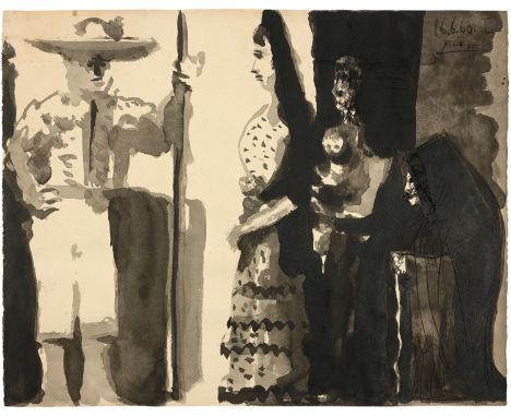 Pablo Picasso (Málaga 1881 - 1973 Mougins)Picador et personnages1960Tusche auf festem, beigem Velin mit Wasserzeichen "Arches