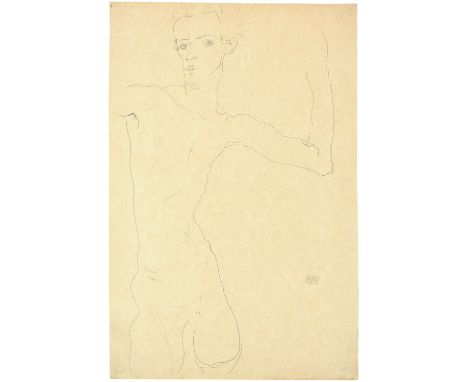 Egon Schiele (Tulln 1890 - 1918 Wien)Selbstbildnis als Akt – Self-Portrait with Raised Left Arm1912Bleistift auf gelblichem S