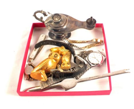 A Silver Aladdins lamp lighter, Mother of Pearl fruit knife etc