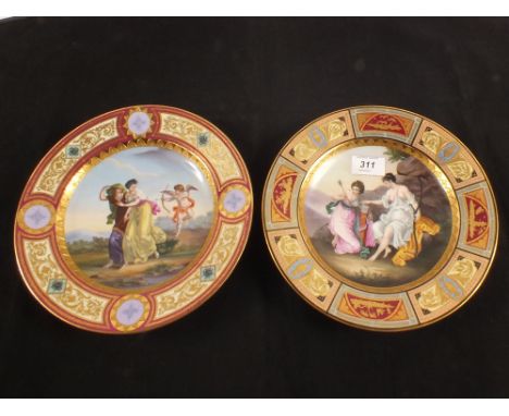 A set of four 19th Century Vienna porcelain cabinet plates depicting classical scenes, titles to rear (one stapled)