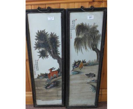 A pair of Chinese porcelain panels with animal and landscape painting, 29" x 8"