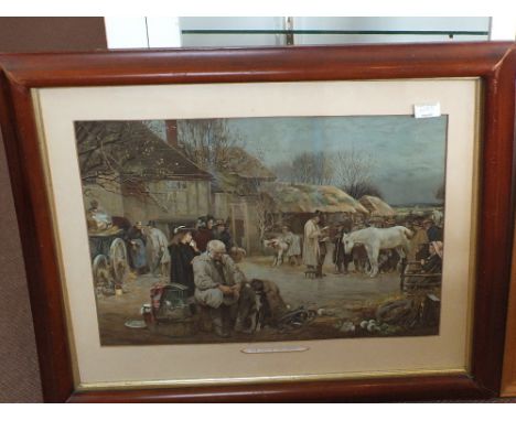 A 19th Century coloured coaching print in Maple frame plus two others, The Sale of Old Dobbin and Gypsy Encampment