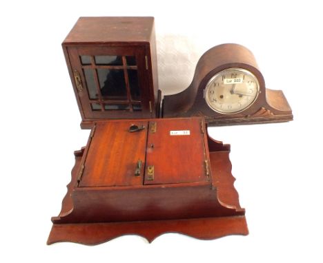 An Oak mantel clock, smokers cabinet plus a Mahogany wall cupboard