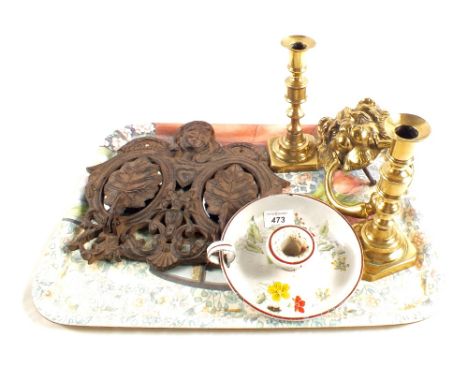 Victorian Brass candlesticks, lion door knocker plus other metalware