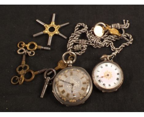 Two lady's Silver pocket watches, one with rope chain and 1851 Gold dollar, also various watch keys