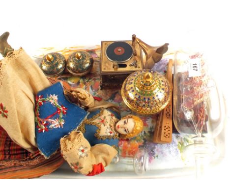A glass ship in bottle, novelty musical cigarette lighter etc