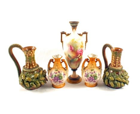 A pair of 19th Century pottery green leaf relief jugs, Royal Worcester rose decorated vase (as found) and a pair of vases