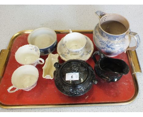 Jackfield cream jug and sucrier plus other china and glass (two trays)