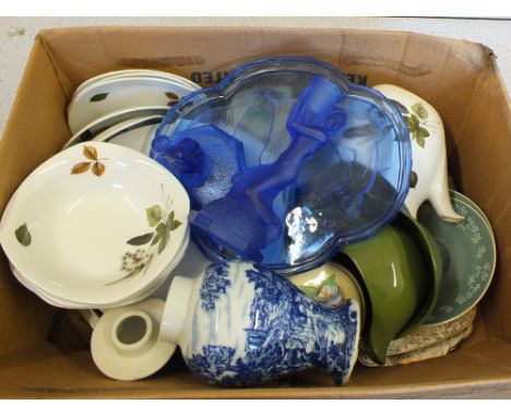 A blue glass figural part trinket set and Midwinter plus other china