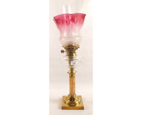 A Brass column oil lamp with cut glass bowl and etched pink shade