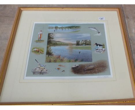 Richard Robjent, signed print of wildlife, 13" x 16" plus a pair of Victorian framed hand coloured cut outs of birds