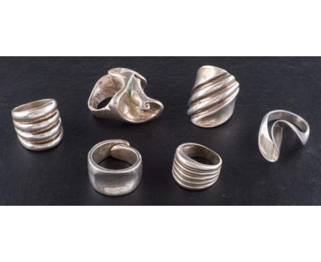 Six modernist rings,: five rings stamped '925', ring sizes K-P, total weight ca. 84.2gms (6).'The property of the late Ann Me