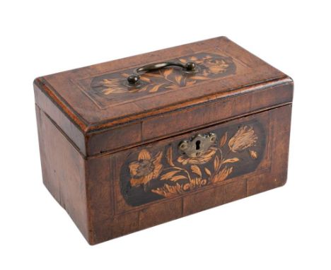 An 18th century Dutch walnut and marquetry tea caddy: of rectangular outline, with floral inlaid panels to the top and front 