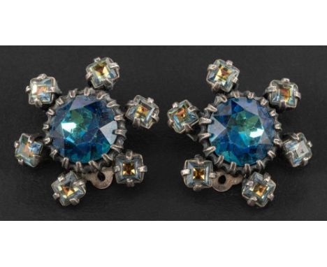 A pair of dark and light blue paste Christian Dior earrrings by Mitchel Maer,: with clip fittings, length ca. 3.3cm.