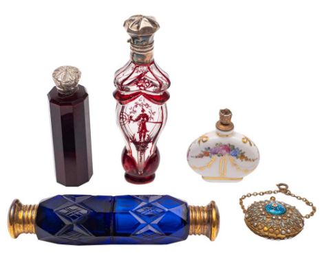 A late 19th century blue glass and gilt metal mounted double ended scent bottle: 12.5cm long, a ruby glass scent bottle, a Bo