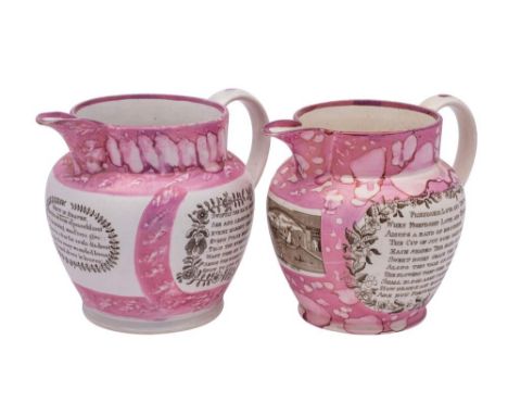 Two Sunderland black transfer-printed pink lustre pottery jugs: the first with two views of the Iron Bridge and the verse 'Fr