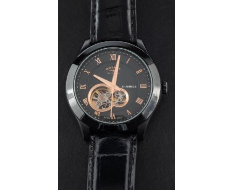 Rotary Les Originales, a gentleman's wristwatch: the round stainless steel case having a black dial with visible aperture to 