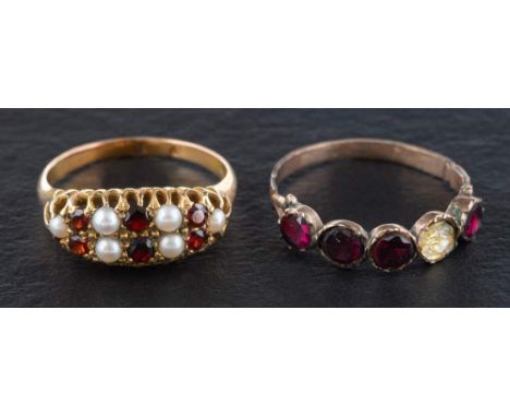 Two garnet rings,: one mid-twentieth century ring set with alternating garnets and seed pearls to claw setting, length of rin