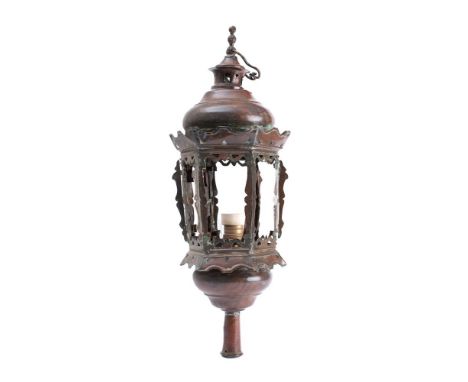 An Italian gondola light: of hexagonal tapering outline with domed and vented top, converted to electricity, 57cm high, toget