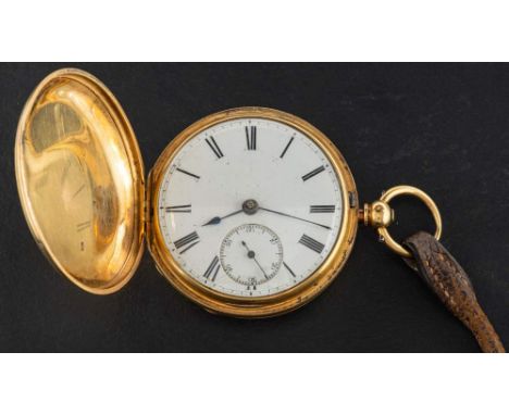 An 18ct gold hunter pocket watch: the movement having a lever escapement, the white enamel dial with black Roman numerals, a 