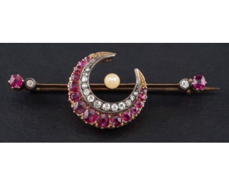 A diamond, ruby and pearl, crescent moon, bar brooch,: total estimated diamond weight ca. 0.20ct, length ca. 5.8cm, total wei