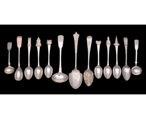 A mixed collection of provincial silver flatwares, various Exeter makers and dates; crested and initialled, includes sauce la