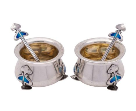 A pair of Edward VII  Art Nouveau silver and enamel table salts, maker James Fenton &amp; Co, Birmingham, 1906: of cauldron d