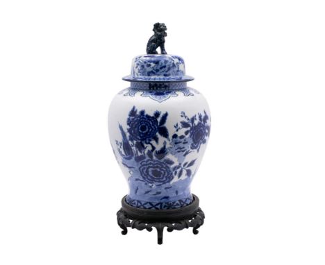 A large A.G.Harley Jones 'Wilton Ware' blue and white pottery vase and cover: with Buddhist lion dog finial, decorated in Chi