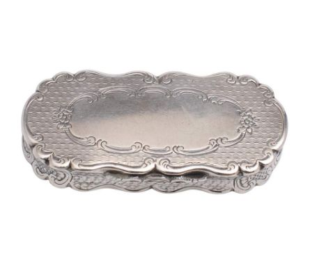 A Victorian silver snuff box, maker Yapp & Woodward, Birmingham, 1850: of oval outline with hinged lid with chased cartouche,