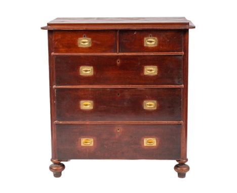 A walnut veneered chest of drawers in Campaign style, circa 1925,: with caddy top above two short and three long drawers, all