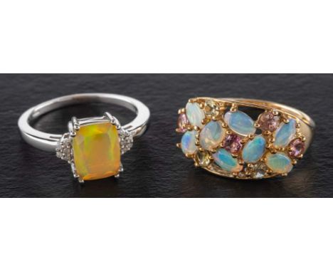 Two opal rings,: including a 9ct gold mixed-cut fire opal and single-cut diamond ring, estimated opal weight ca. 1.55cts and 