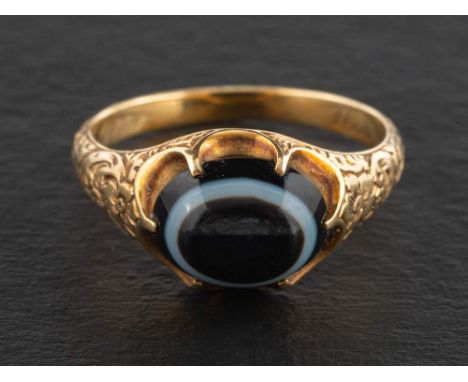 A Victorian, cabocon-cut sardonyx mourning ring,: dated 1849 with inscription to inside of band, length of ring head ca. 1.3c
