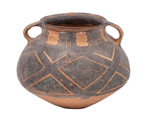 A Chinese Neolithic terracotta jar; with flattened loop handles, decorated in black with a wide geometric lattice band, 14cm 