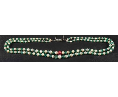 A two strand, graduated pearl, emerald and ruby bead necklace,: with marquise-cut diamond clasp, estimated weight ca. 0.80ct,