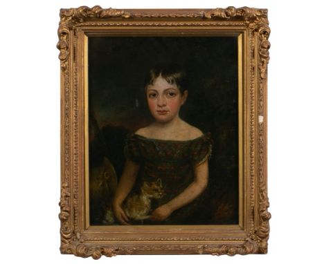 British School early 19th Century-Portrait of young girl in tartan holding a cat,view to landscape beyond,indistinctly inscri