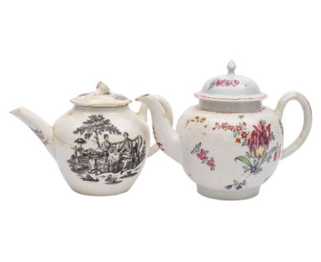 A Liverpool [Philip Christian] polychrome teapot and cover and a First Period Worcester transfer printed teapot and cover: th