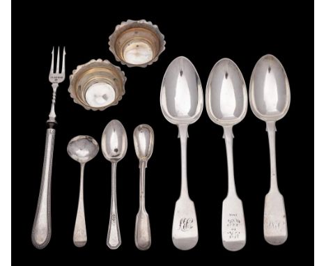 A mixed selection of silver flatwares, various makers and dates: includes, three Fiddle pattern dessert spoons, pickle fork, 