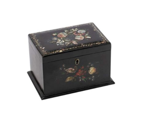 A Victorian papier-mache and inlaid tea caddy: of rectangular outline, the hinged lid with floral inlay decoration, enclosing