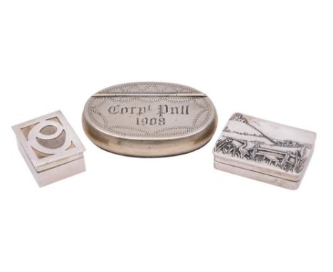 Two late 20th century silver pill boxes, stamped marks: together with an oval white metal snuff box, the hinged lid incised "