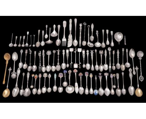 A collection of silver, continental silver and plated flatwares: includes caddy spoon, souvenir spoons, tea and coffee spoons