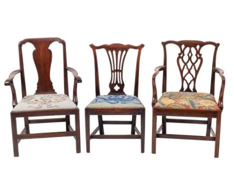 An early George III mahogany elbow chair, circa 1760,: the rectangular backrest with central vase shaped splat, above shaped 