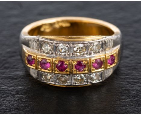A three-row ruby and single-cut diamond ring,: estimated total diamond weight ca. 0.20ct, stamped '750', length of ring head,