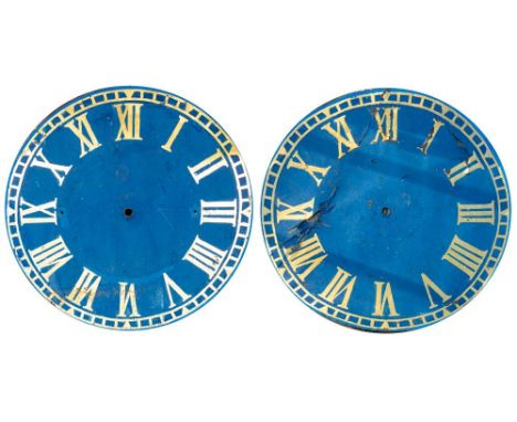 A pair of zinc turret clock dials: having gilt Roman numerals on a blue ground, diameter 178cm. (5ft 10 inches)Removed from S