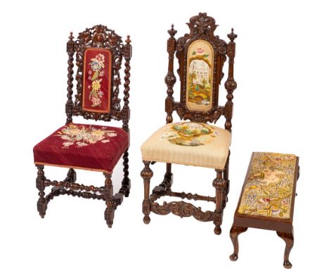 Two Victorian carved oak and tapestry work upholstered side chairs in Jacobean style, late 19th century,: the backrests with 